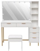 Set ANDIA, Masa de toaleta pentru machiaj, cadru metalic, oglinda iluminata, becuri LED, 5 sertare, rafturi, scaun, Alb