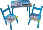 Masuta copii din MDF cu doua scaune Novokids™ My first table, Dimensiuni 59X39X40, Suprafata lucioasa, Model masinute, Albastru