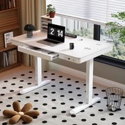 Birou Electric Reglabil pe Înălțime cu Sertar Ascuns, Încărcare Wireless & USB, Senzor de siguranță, 140x60, Alb