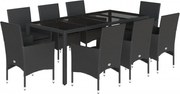 vidaXL Set mobilier de grădină cu perne 9 piese negru poliratan&sticlă