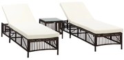 Outsunny Set cu 2 Sezlonguri Plaja si Masuta de Gradina din Ratan PE, Sezlong cu Perne Capitonate si Masuta de Cafea din Sticla, Maro si bej