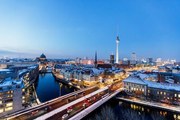 Fotografie Aerial view of Berlin illuminated skyline, Alexander Spatari