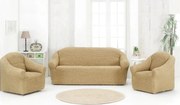Set huse elastice si creponate pentru canapea 3 locuri si 2 fotolii, fara volanas, culoare Bej inchis