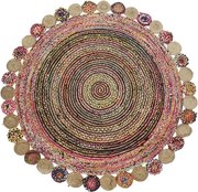 Covor rotund din bumbac și iută împletit manual, multicolor, Ø 200 cm, 2100 GSM, „Cotton Jute Carpet Multicolored"