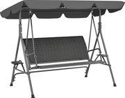 Outsunny Leagăn de Grădină 3 Locuri din Ratan PE cu Acoperiș Reglabil și Suporturi pentru Pahare, Leagăn de Exterior cu Cadru din Oțel, Capacitate 320 kg, 204x112x150 cm, Gri | Aosom Romania