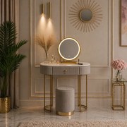 Set SARAH – Masă de Toaletă pentru Machiaj, Oglindă Iluminată LED, Control Touch, Sertar, Taburet, 80x40x76 cm, Gri/Auriu