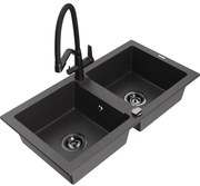 Mexen Mario chiuvetă de bucătărie din granit cu 2 compartimente și baterie Duo, negru punctat - 6504-76-671701-70-B
