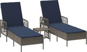 vidaXL Șezlong cu pernă 3 pcs Gri și albastru marin poliratan