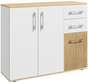 HOMCOM Bufet de Bucătarie cu 2 Sertare 2 Dulapuri și Rafturi Ajustabile pentru Sufragerie 90x30x75,5 cm Alb și Natural | Aosom Romania
