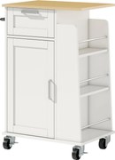 Cărucior de Bucătărie HOMCOM cu Sertar, Dulap, Suport pentru Prosoape și 3 Suporturi pentru Condimente, din Lemn, 62x40x87 cm, Alb | Aosom Romania