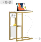 HOMCOM Masă auxiliară în formă de C cu stație de încărcare, buzunar de depozitare din material textil cu aspect marmură, 46 x 25 x 62,5 cm, alb | Aosom Romania