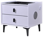 Noptiera SMART Multifunctionala, iluminare LED tactil cu 3 culori, incarcare wireless si USB, difuzor Bluetooth, 2 sertare, Alb