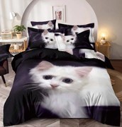 Lenjerie de Pat Finet 3D cu 2 Fete, 6 Piese, Pat 2 Persoane, Pisica Alba