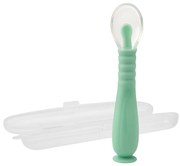 Lingurita bebe din silicon moale, cu maner flexibil, ventuza la baza si husa pentru depozitare Kidizi verde, 9 luni+