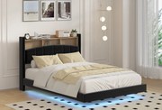 Pat C01 Tapitat Catifea 160x200cm, cu iluminare LED integrata, Negru, Saltea Ortopedica 20cm inclusa
