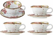Set 4 căni cu farfurioară din ceramică artizanală albă cu motive florale roz pictate manual și margine aurie, 15×7,5 cm, "Savina"