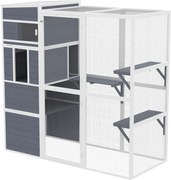 PawHut Cușcă pentru pisici în aer liber Casă din lemn cu 3 platforme acoperiș rezistent la intemperii zonă de odihnă pentru 3-4 pisici până la 10 kg Gri | Aosom Romania