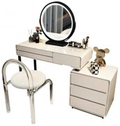 Set RAISA, Masă de toaletă pentru machiaj cu oglindă iluminată LED, control touch, 6 sertare, comoda, scaun, 80 cm