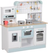 AIYAPLAY Bucătărie de Jucărie pentru Copii de 3+ Ani din Lemn, Aragaz Interactiv, Cuptor și Mașină de Cafea, Albă | Aosom Romania