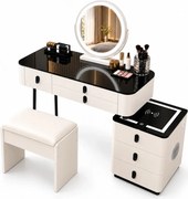 Set MARGOT LONG – Masă de Toaletă pentru Machiaj, Oglindă Alba iluminată LED, Control Touch, 6 sertare, Comoda, Difuzor Bluetooth, Zona încărcare fără fir + USB, Taburet, Alb, 100x40x75 cm