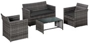 Outsunny Set Mobilier de Grădină Rattan PE 4 Piese, Canapea 2 Locuri, 2 Scaune, Măsuță, Design Elegant, Maro | Aosom Romania