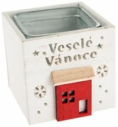 Sfeșnic din lemn cu sticlă Crăciun fericit, 9 x 8,5 cm, alb