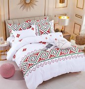 Set Lenjerie de pat 2 Persoane din Bumbac Tip Finet, cu Elastic, 6 Piese - Traditional Red  Green