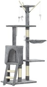 PawHut Turelă pentru pisici cu căsuță, stâlp de ascuțit gheare, platforme și 4 șoricei, din lemn, pluș și sisal, 50x35x134.2 cm, gri | Aosom Romania