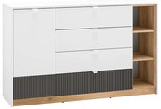 Comoda living  dormitor hol cu 4 sertare si 1 usa , alb mdf grafit stejar, 138x86x40 cm, canturi abs, cu rafturi