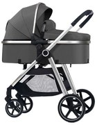 Carucior multifunctional transformabil 2 in 1 Kidizi Moveo gri, include saltea pentru landou si geanta pentru accesorii, cadru silver