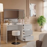 Masuta machiaj cu Oglinda LED si 3 Sertare pentru Cosmetice, Set Masa toaleta 120 cm, Alb Lucios, masuta cosmetica, vanity - SEA806