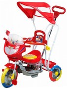 Tricicleta cu pedale pentru copii si bebe, Maner detasabil pentru parinti, Copertina, Melodii si Lumini, Model Motoscuter, Rosu