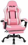 Scaun gaming, Masaj în perna lombară, Suport picioare, Rabatabil 90-165°, piele PU, Roz/Alb