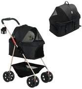 PawHut Cărucior pentru Animale de Companie 3 în 1 cu 4 Roți și Geantă de Transport Detașabilă, 76x50x102 cm, Negru | Aosom Romania