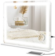 HOMCOM Oglindă de Machiaj cu Lumini LED în 3 Culori, Oglindă de Perete și Masă cu USB, 80x62x14 cm, Alb | Aosom Romania