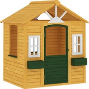 AIYAPLAY Căsuță de Grădină pentru Copii din Lemn de Molid, Căsuță de Exterior cu 3 Ferestre, 2 Jardiniere, Ușă și Acoperiș, pentru Copii 3-8 Ani, Interior și Exterior, 134.5x97x150 cm, Maro | Aosom Romania