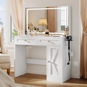 SEA498 - Set Masa toaleta 90 cm, cosmetica machiaj, oglinda cu LED, masuta vanity cu Priza, USB si Suport Uscator par - Alb