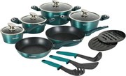 Set oale si tigai Herzberg HG-METBL15, 15 piese, Aluminiu 3003, Acoperire marmura, Capace din sticla, Inductie, Verde albastru