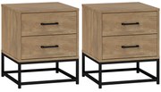 HOMCOM Set de 2 Noptiere cu 2 Sertare din Lemn și Oțel, 40x39.5x48 cm, Lemn Natural | Aosom Romania