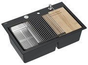 Statie de lucru incastrata Quadron Unique Marc 120 negru carbon - inox 2 cuve 76x50 cm