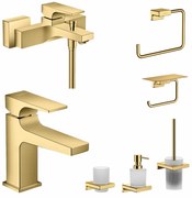 Set baterie cada si baterie lavoar Hansgrohe Metropol cu accesorii baie Hansgrohe AddStoris, auriu lucios