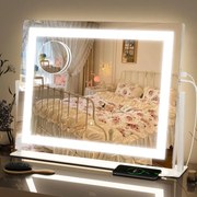 RESIGILAT- Oglindă cosmetică, sistem iluminare bandă LED cu 3 culori, Senzor Tactil, Port încărcare USB, Luminozitate Reglabilă, Oglindă de mărire 10X, 58x46 cm