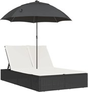vidaXL Șezlong dublu cu perne/umbrelă de soare, negru, poliratan