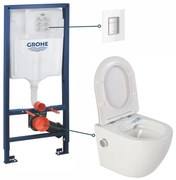 Set vas wc suspendat cu functie bideu alb si baterie inclusa crom Foglia Oslo, rezervor wc incastrat si clapeta din sticla alba, Grohe