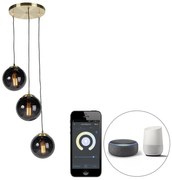 Lampă suspendată inteligentă din alamă cu sticlă neagră cu 3 lumini, inclusiv Wifi ST64 - Pallon
