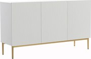 Comodă Nicole 150 cm cu 3 uși, fronturi riflate - alb mat / picioare aurii
