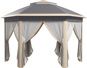 Outsunny Pavilion 4x4m impermeabil pop-up pavilion pliant hexagonal, acoperiș dublu, pavilion de grădină cu 6 părți laterale, cort de petrecere incl. husă de transport, pentru grădină, terasă, festival, Bej+Kaki | Aosom Romania