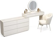 Set AUDREY ELEGANCE – Masă de Toaletă pentru Machiaj cu Oglindă iluminată LED, Control Touch, Comodă, Scaun, Alb