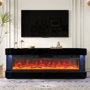 Șemineu Electric cu Flacără LED în 7 Culori, Comodă TV, Bluetooth, Difuzoare Integrate, Iluminare LED Ambientală, Telecomandă, MDF, Finisaj Negru Oglindă