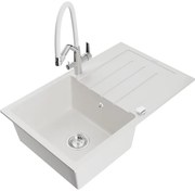 Mexen Bruno chiuvetă de granit cu un compartiment, cu picurător și baterie de bucătărie Duo, Albă - 6513-20-671701-02